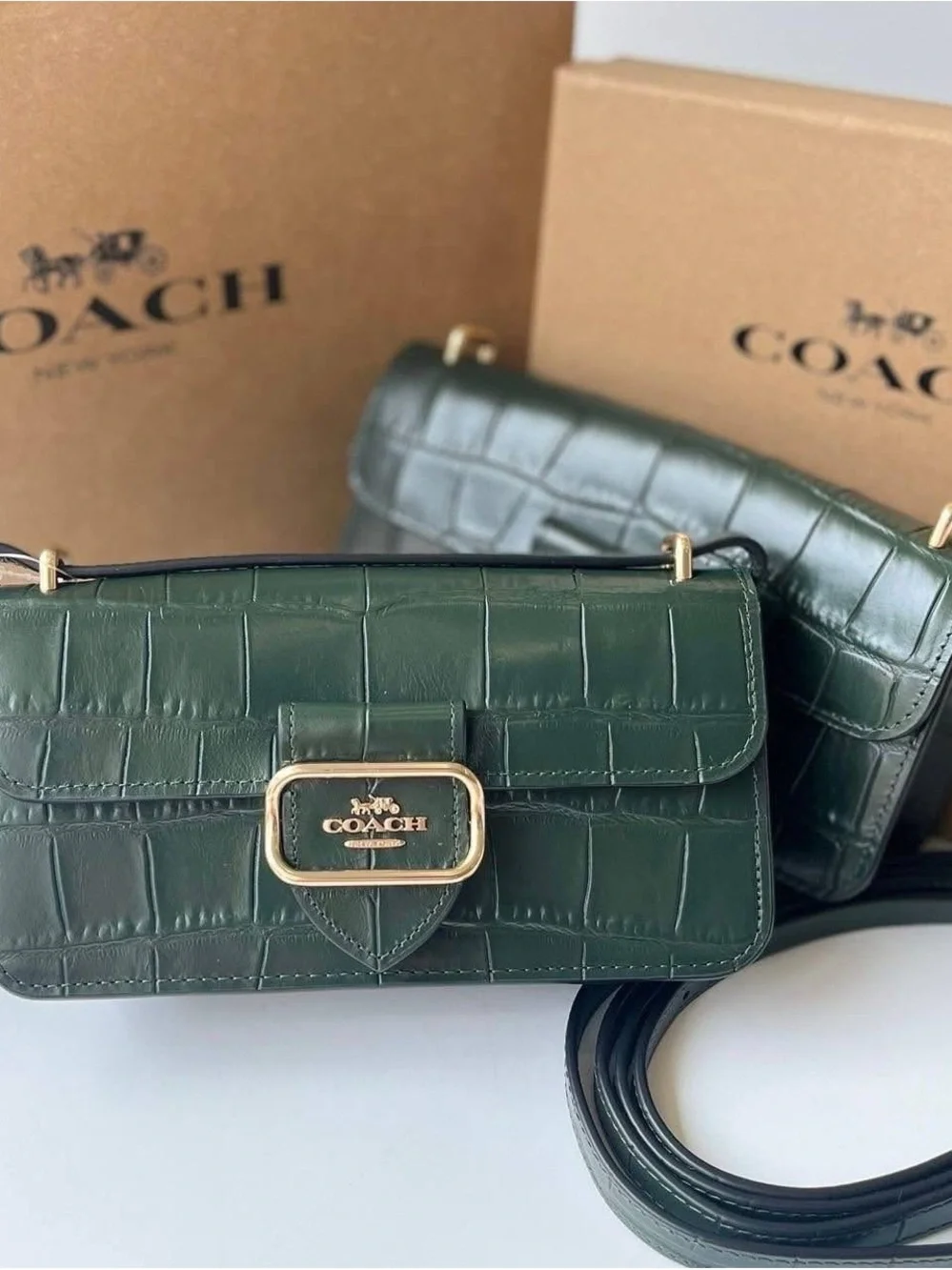 Coach Green Croc-Embossed Leather Crossbody with Gold Hardware